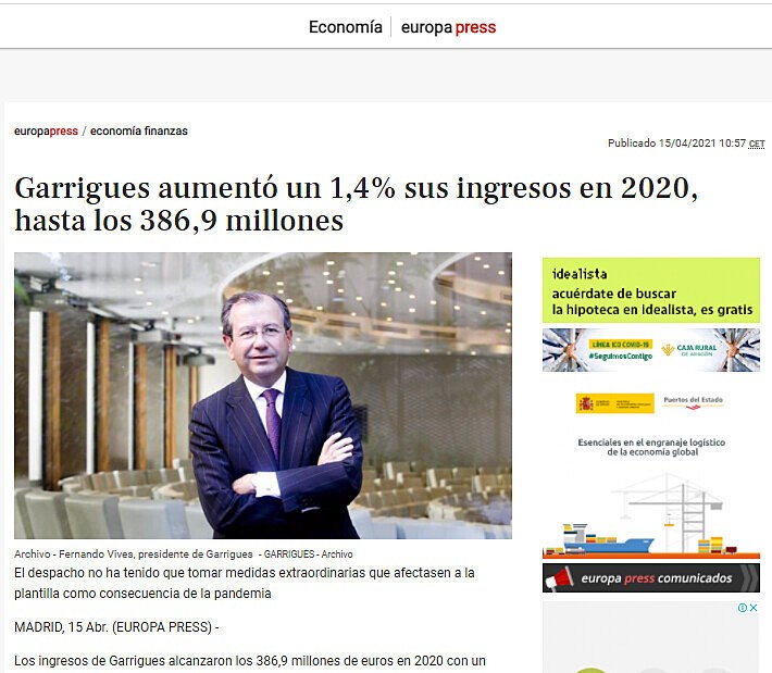 Garrigues aument un 1,4% sus ingresos en 2020, hasta los 386,9 millones